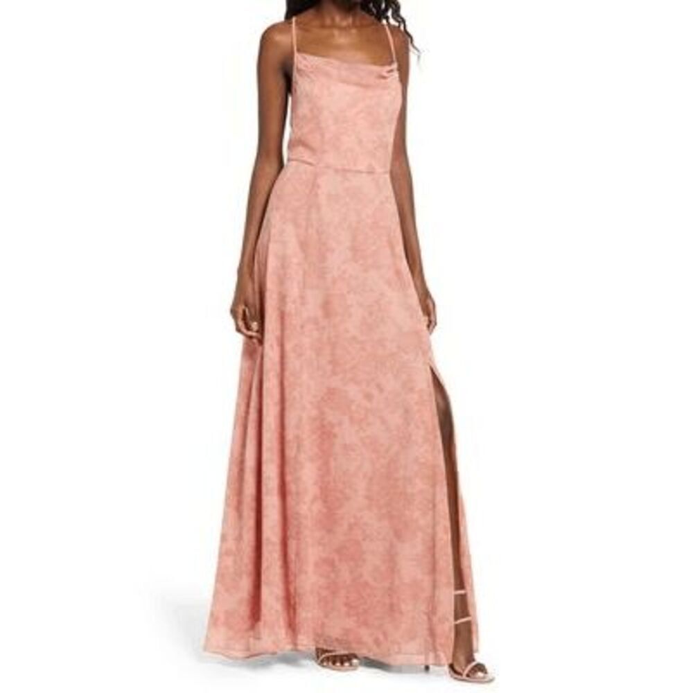 WAYF The Wesley Cowl Neck Evening Dress Gown Putty Shadow Bouquet Small